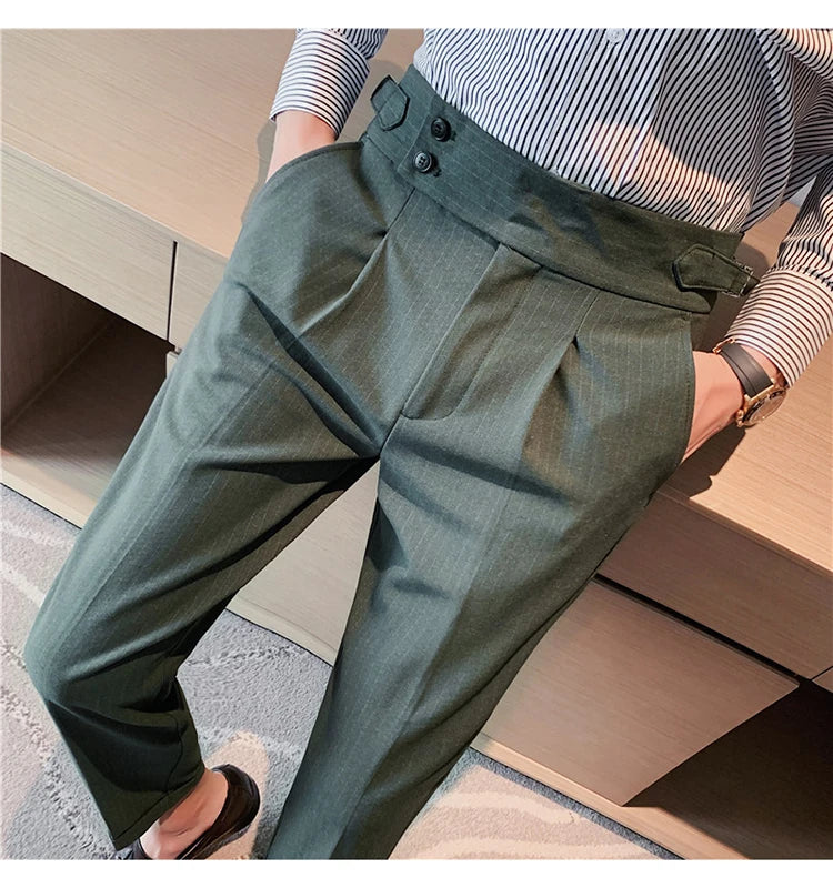 Men's Slim Fit High-Waist, Beltless Trousers- British Fall Style