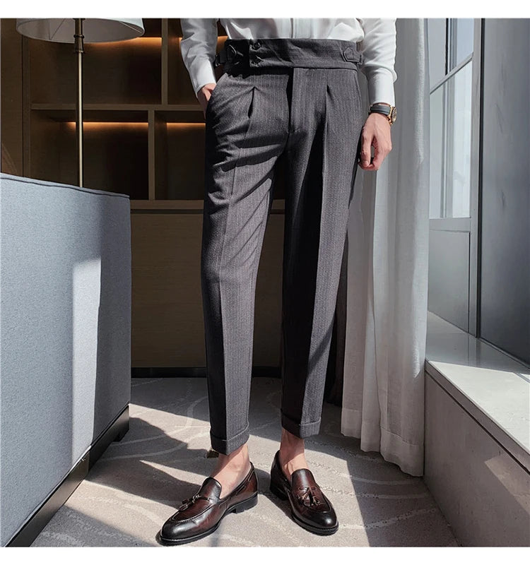 Men's Slim Fit High-Waist, Beltless Trousers- British Fall Style