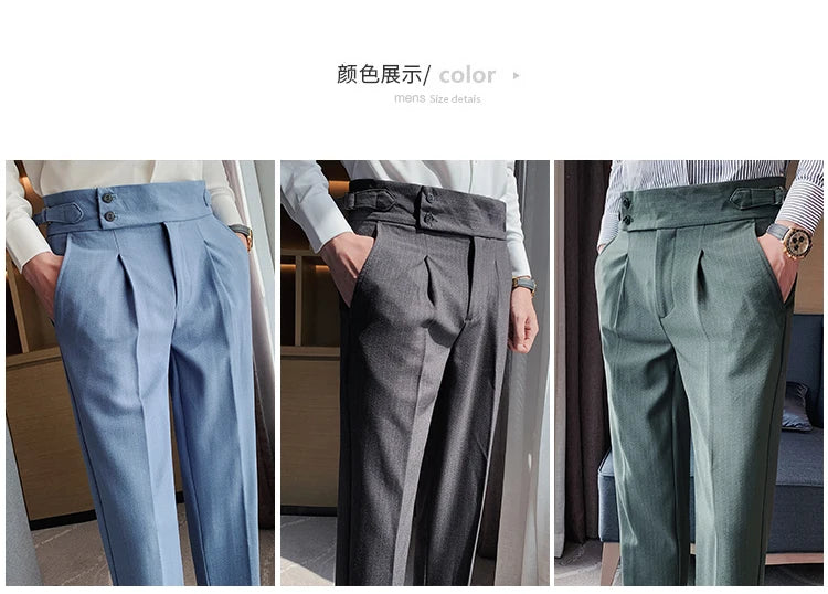 Men's Slim Fit High-Waist, Beltless Trousers- British Fall Style