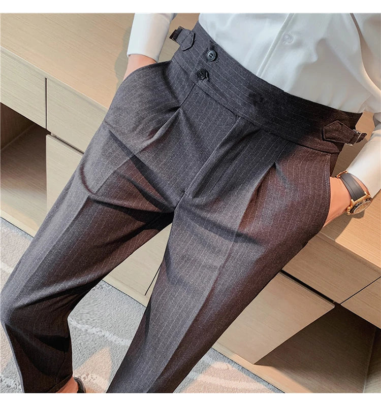 Men's Slim Fit High-Waist, Beltless Trousers- British Fall Style