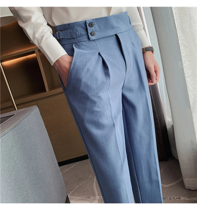 Men's Slim Fit High-Waist, Beltless Trousers- British Fall Style