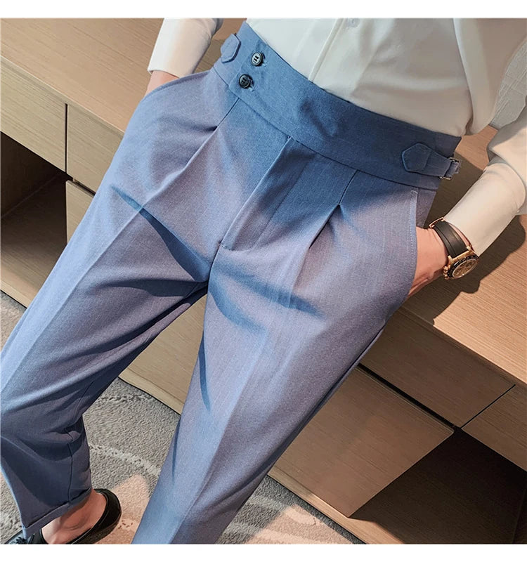 Men's Slim Fit High-Waist, Beltless Trousers- British Fall Style
