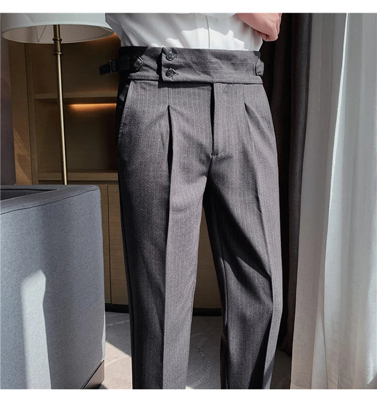 Men's Slim Fit High-Waist, Beltless Trousers- British Fall Style