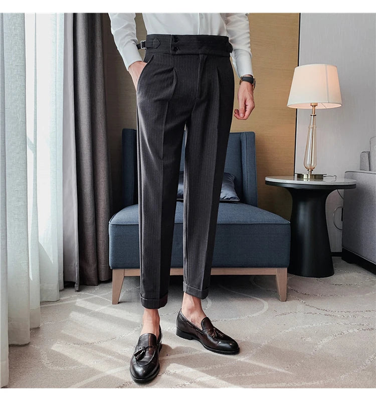 Men's Slim Fit High-Waist, Beltless Trousers- British Fall Style