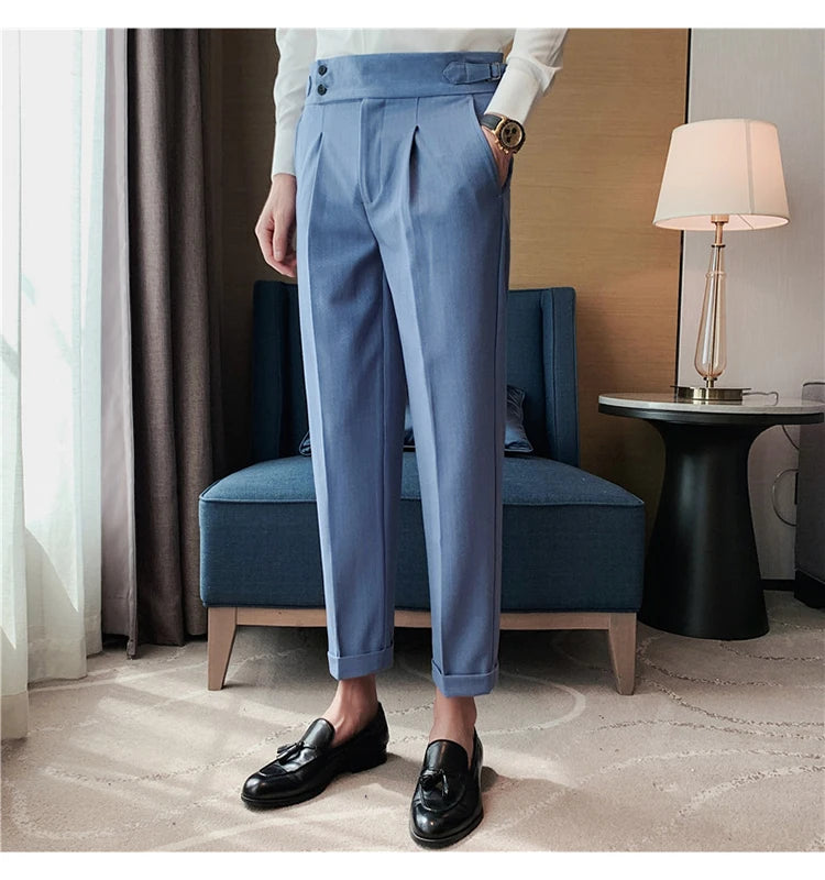 Men's Slim Fit High-Waist, Beltless Trousers- British Fall Style