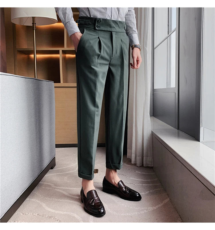 Men's Slim Fit High-Waist, Beltless Trousers- British Fall Style