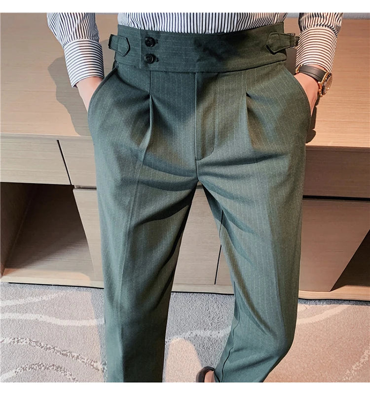 Men's Slim Fit High-Waist, Beltless Trousers- British Fall Style