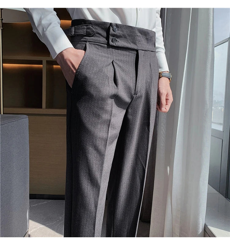 Men's Slim Fit High-Waist, Beltless Trousers- British Fall Style