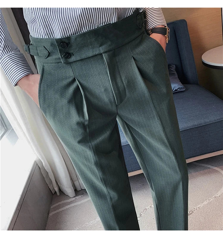 Men's Slim Fit High-Waist, Beltless Trousers- British Fall Style