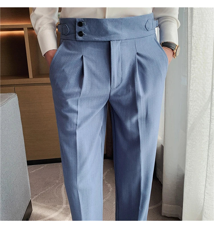 Men's Slim Fit High-Waist, Beltless Trousers- British Fall Style