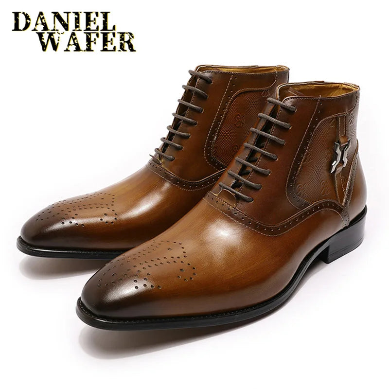 Men's genuine leather ankle boots stylish lace-up shoes for office basic men's shoes