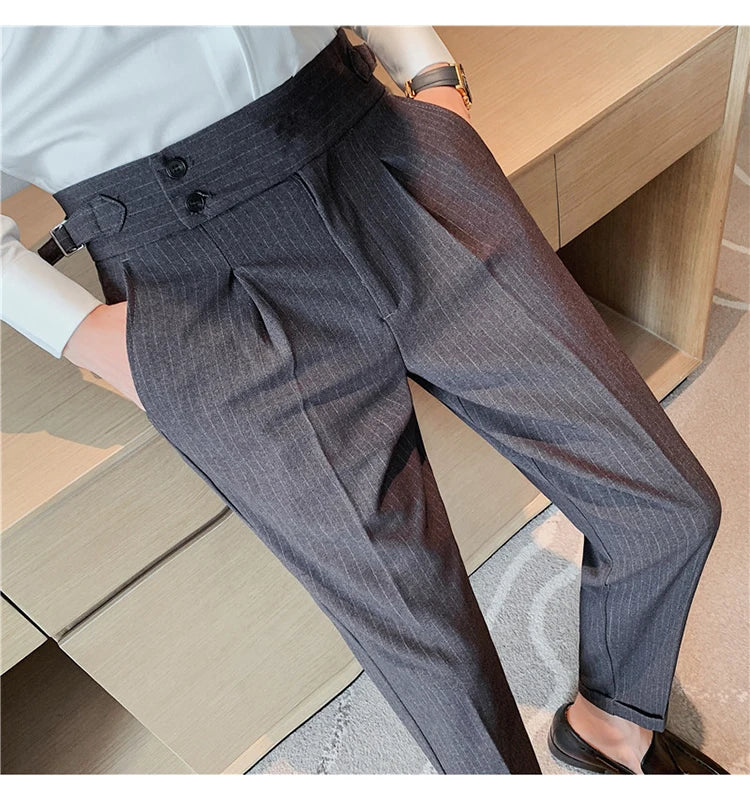 Men's Slim Fit High-Waist, Beltless Trousers- British Fall Style