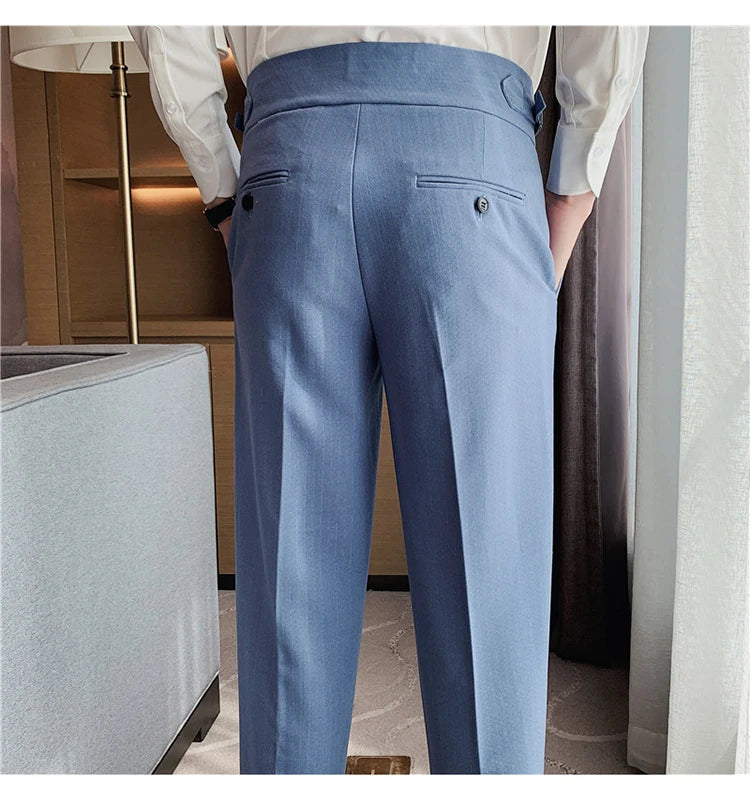 Men's Slim Fit High-Waist, Beltless Trousers- British Fall Style