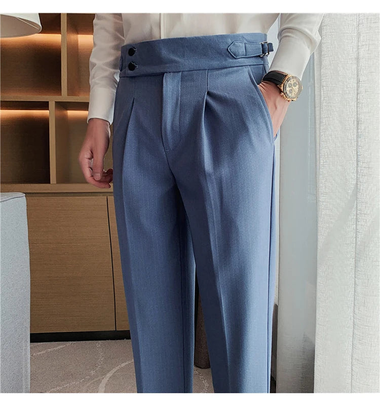 Men's Slim Fit High-Waist, Beltless Trousers- British Fall Style