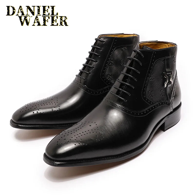Men's genuine leather ankle boots stylish lace-up shoes for office basic men's shoes