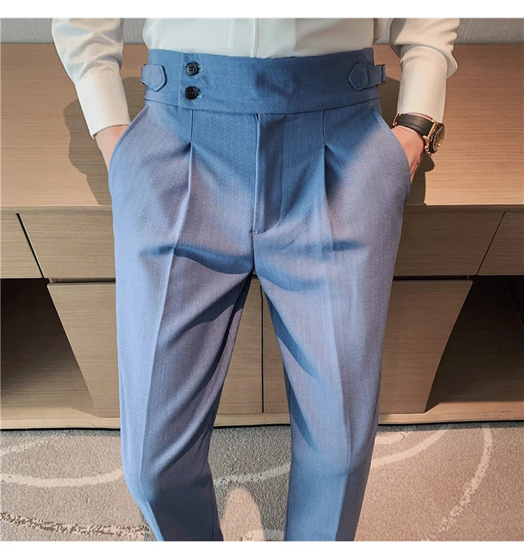 Men's Slim Fit High-Waist, Beltless Trousers- British Fall Style