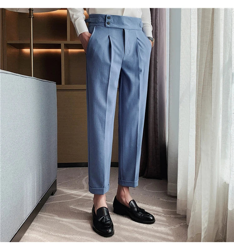 Men's Slim Fit High-Waist, Beltless Trousers- British Fall Style