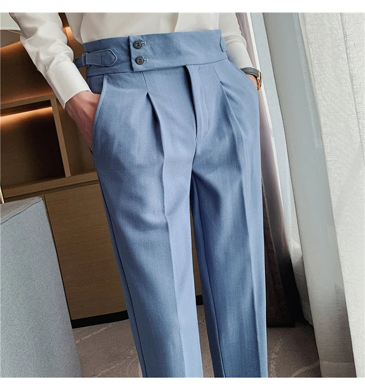 Men's Slim Fit High-Waist, Beltless Trousers- British Fall Style