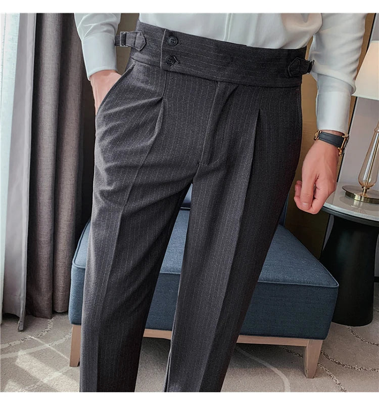Men's Slim Fit High-Waist, Beltless Trousers- British Fall Style