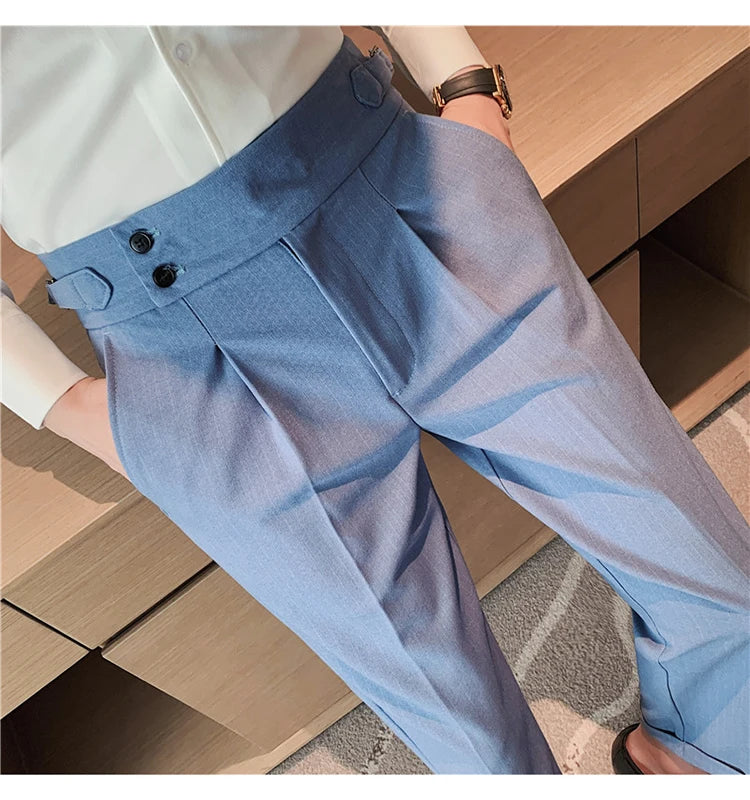 Men's Slim Fit High-Waist, Beltless Trousers- British Fall Style