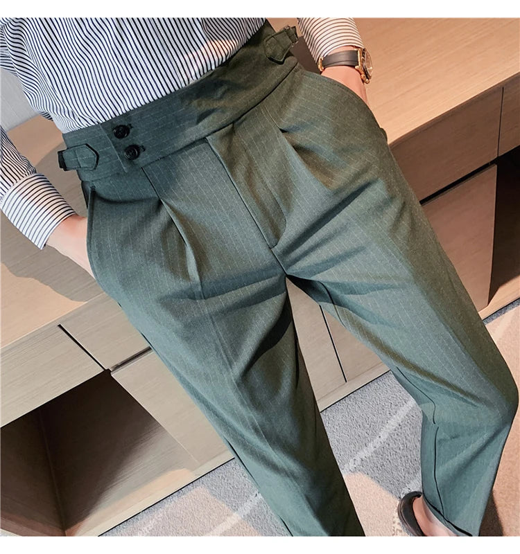 Men's Slim Fit High-Waist, Beltless Trousers- British Fall Style