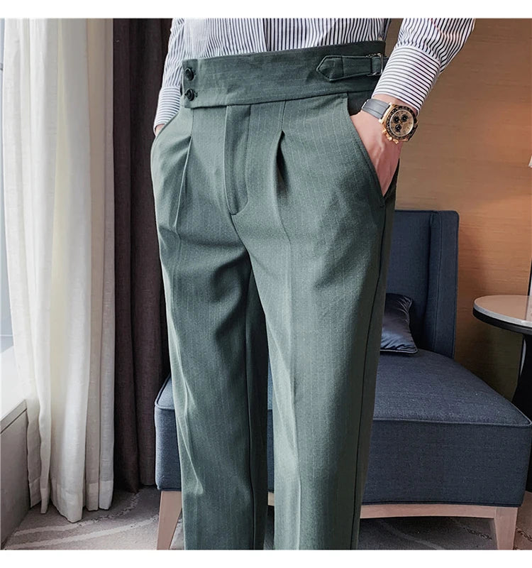 Men's Slim Fit High-Waist, Beltless Trousers- British Fall Style