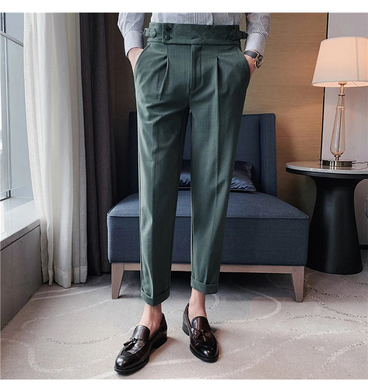 Men's Slim Fit High-Waist, Beltless Trousers- British Fall Style
