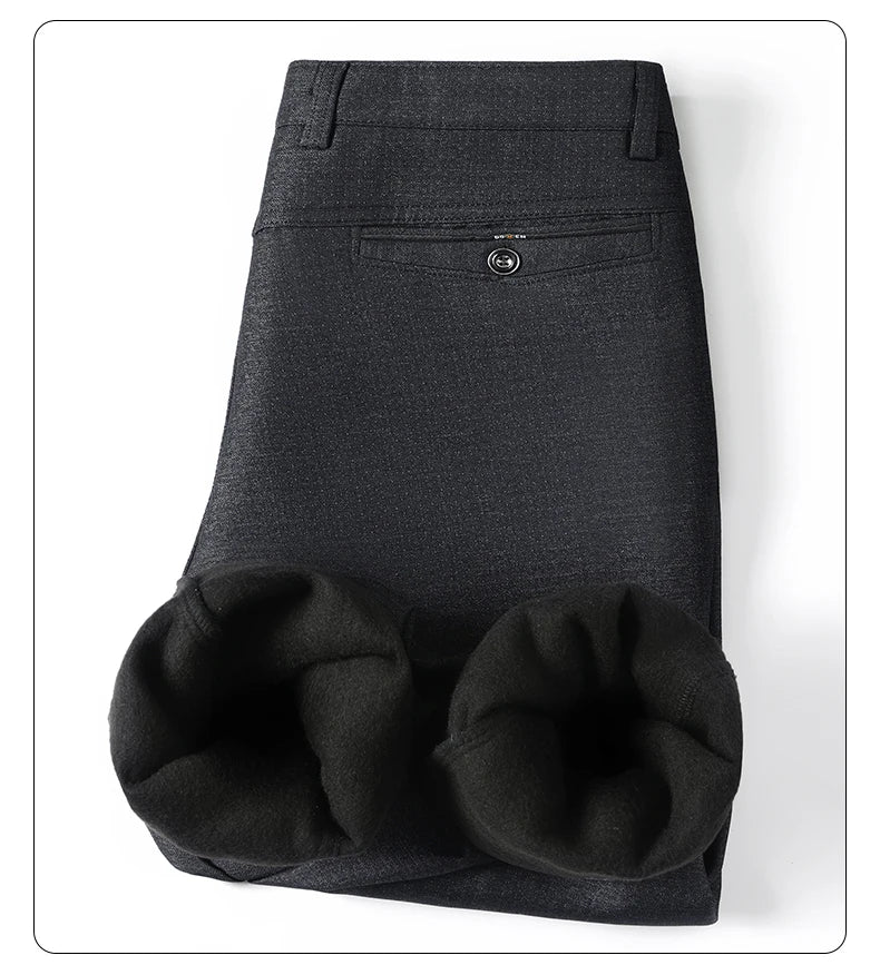 Men's Fleece Lined Suit Pants Business Casual Loose Straight Thick Warm Trousers