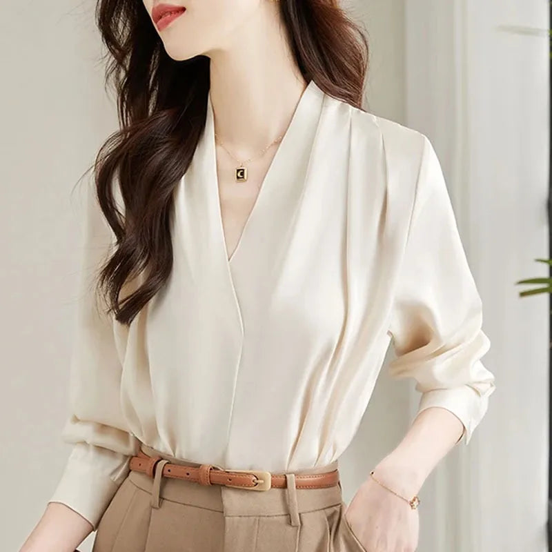 Long Sleeve Blouse Women Blusas Mujer De Moda 2024 Office Lady V-Neck Chiffon Blouse Shirt Women Tops Blouses Shirts Blusa G296