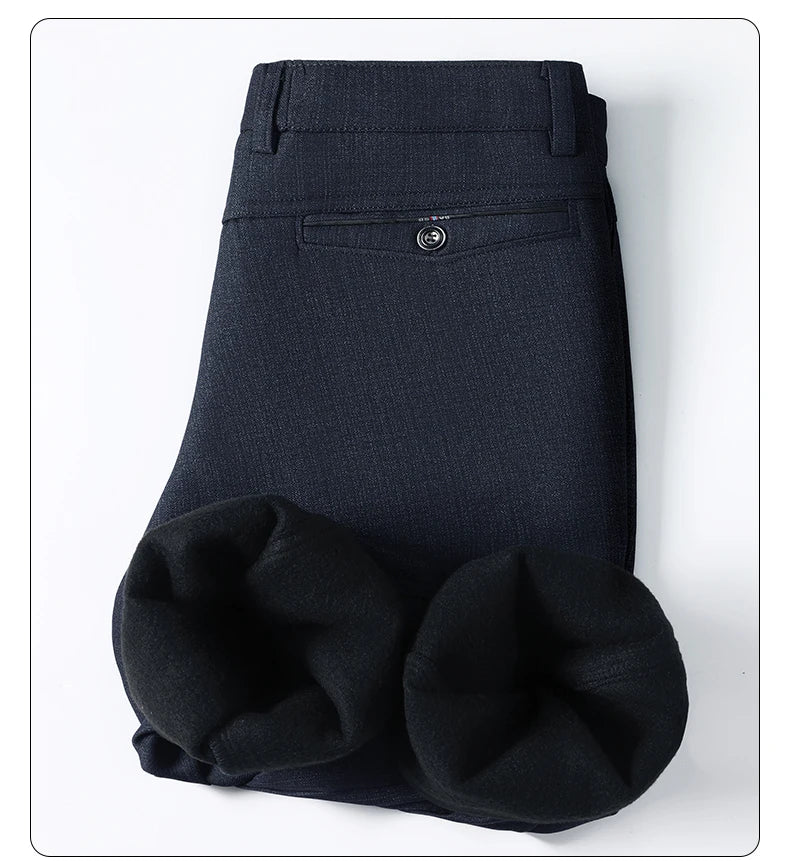 Men's Fleece Lined Suit Pants Business Casual Loose Straight Thick Warm Trousers