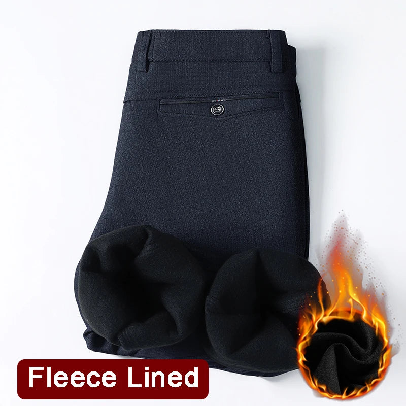 Men's Fleece Lined Suit Pants Business Casual Loose Straight Thick Warm Trousers