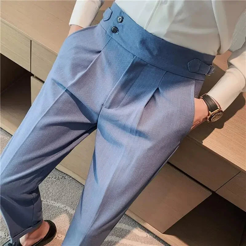 Men's Slim Fit High-Waist, Beltless Trousers- British Fall Style