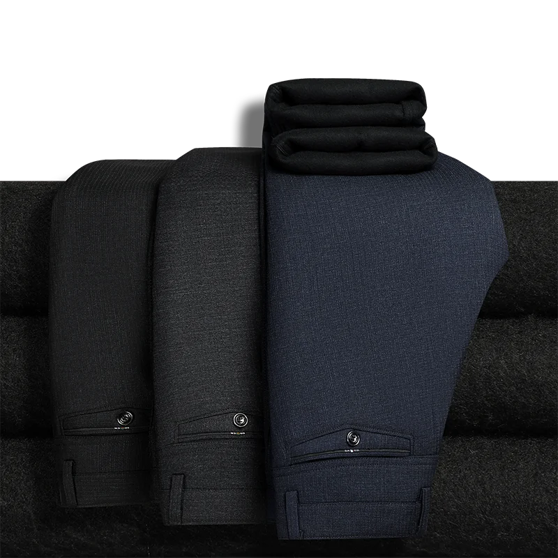 Men's Fleece Lined Suit Pants Business Casual Loose Straight Thick Warm Trousers