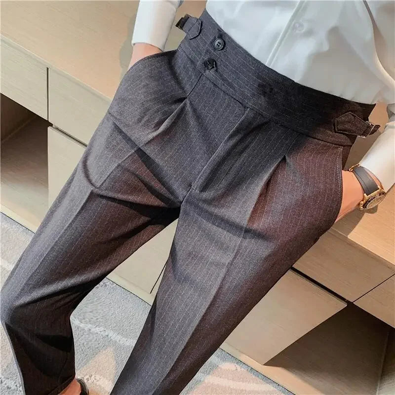 Men's Slim Fit High-Waist, Beltless Trousers- British Fall Style