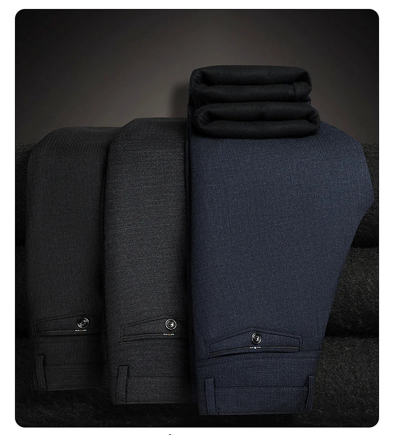 Men's Fleece Lined Suit Pants Business Casual Loose Straight Thick Warm Trousers