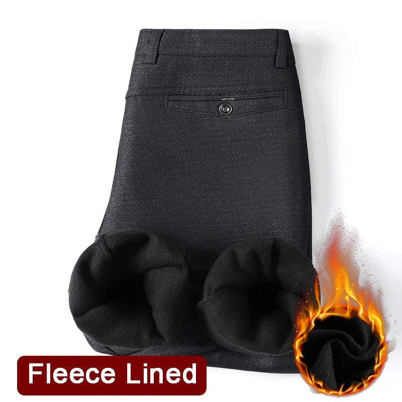 Men's Fleece Lined Suit Pants Business Casual Loose Straight Thick Warm Trousers