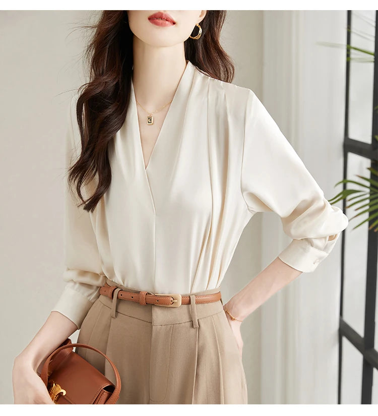 Long Sleeve Blouse Women Blusas Mujer De Moda 2024 Office Lady V-Neck Chiffon Blouse Shirt Women Tops Blouses Shirts Blusa G296