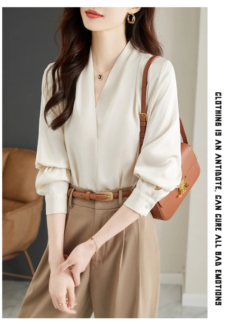Long Sleeve Blouse Women Blusas Mujer De Moda 2024 Office Lady V-Neck Chiffon Blouse Shirt Women Tops Blouses Shirts Blusa G296
