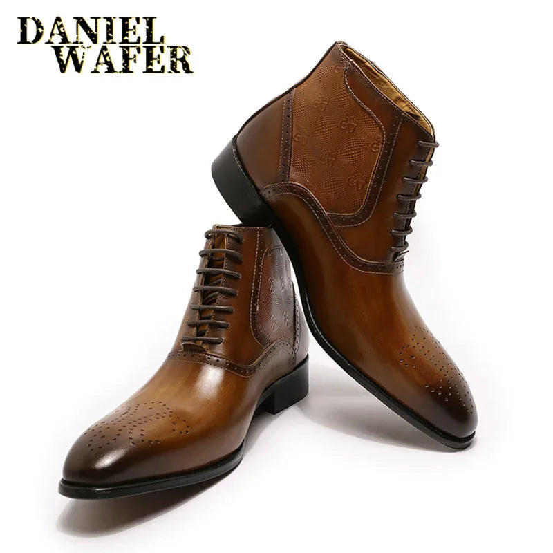 Men's genuine leather ankle boots stylish lace-up shoes for office basic men's shoes