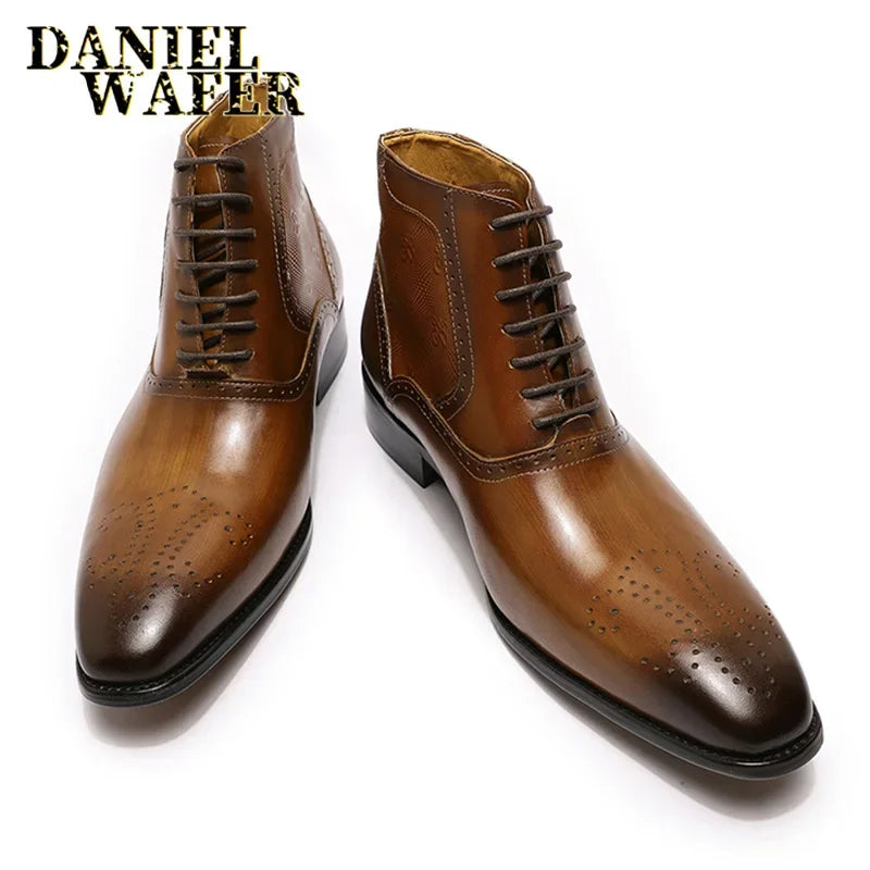 Men's genuine leather ankle boots stylish lace-up shoes for office basic men's shoes