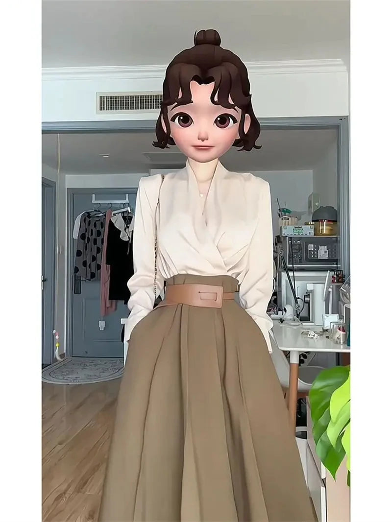 Women's Skirt Suit Women's Spring New Casual Temperament Joker Shirt Women's High Waist A-shaped Skirt Two-piece Suit