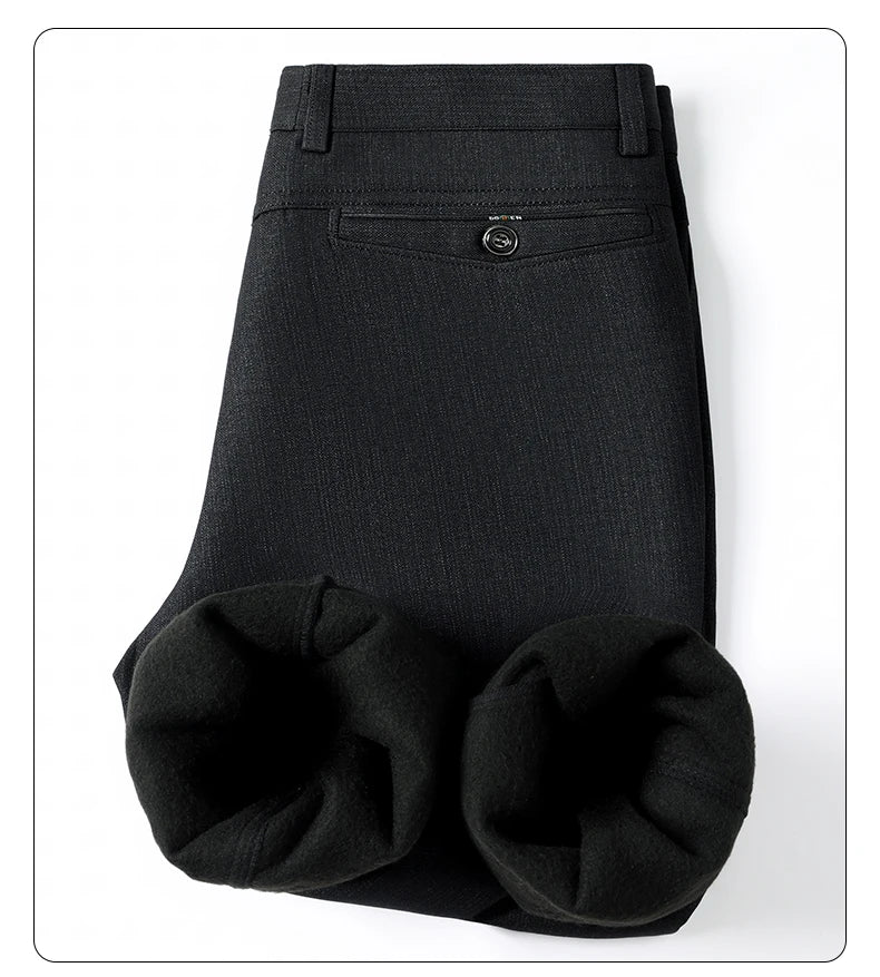 Men's Fleece Lined Suit Pants Business Casual Loose Straight Thick Warm Trousers