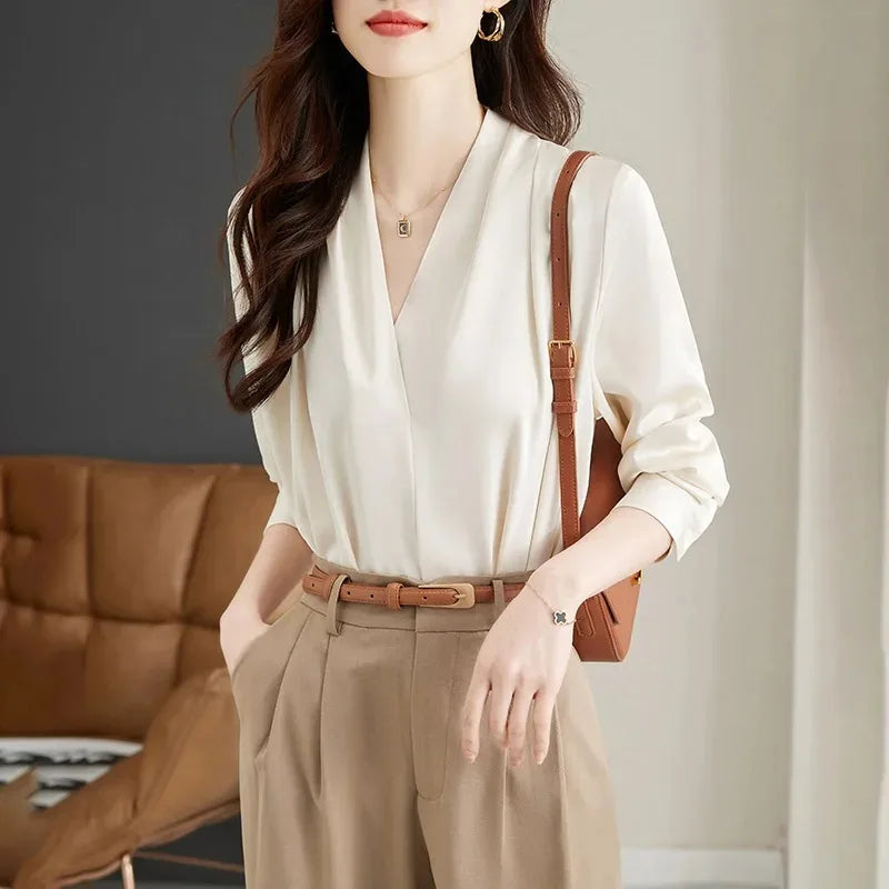 Long Sleeve Blouse Women Blusas Mujer De Moda 2024 Office Lady V-Neck Chiffon Blouse Shirt Women Tops Blouses Shirts Blusa G296