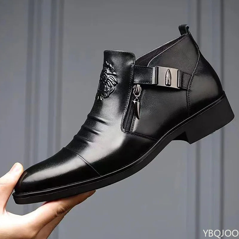Winter Men's Elegant Boots Ankle non slip Leather Shoes British Zip Black Knight boots Pointed Punk Platform male Booties Botas