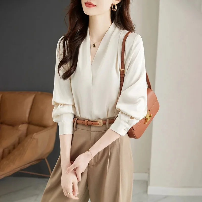Long Sleeve Blouse Women Blusas Mujer De Moda 2024 Office Lady V-Neck Chiffon Blouse Shirt Women Tops Blouses Shirts Blusa G296