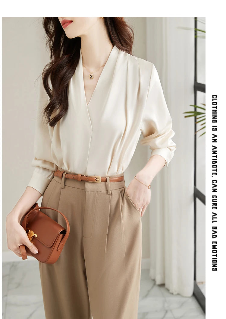 Long Sleeve Blouse Women Blusas Mujer De Moda 2024 Office Lady V-Neck Chiffon Blouse Shirt Women Tops Blouses Shirts Blusa G296