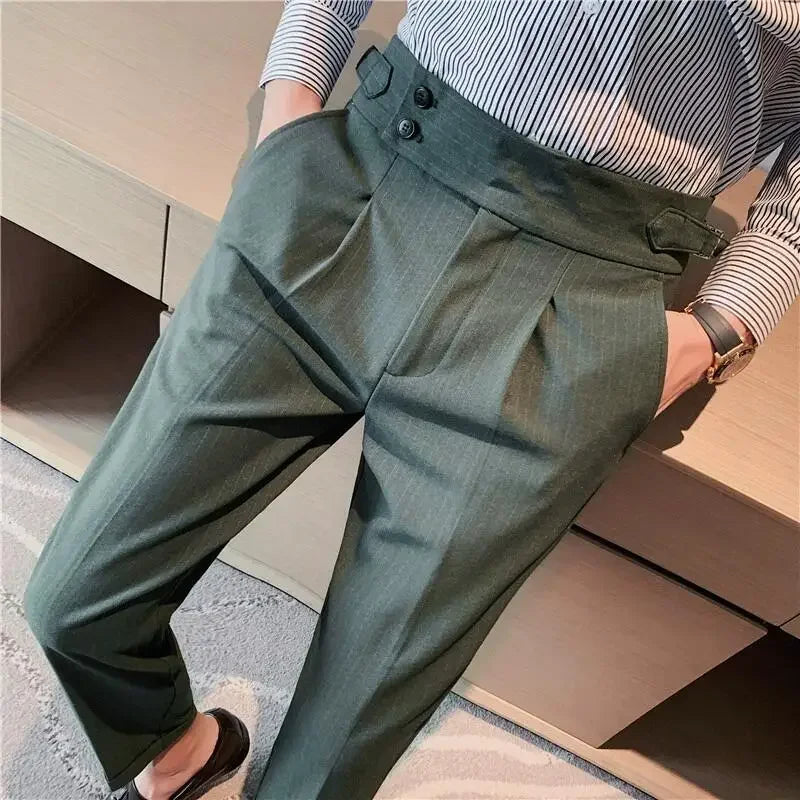 Men's Slim Fit High-Waist, Beltless Trousers- British Fall Style