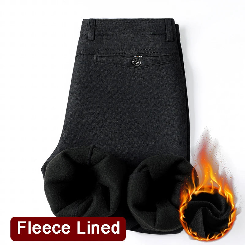 Men's Fleece Lined Suit Pants Business Casual Loose Straight Thick Warm Trousers