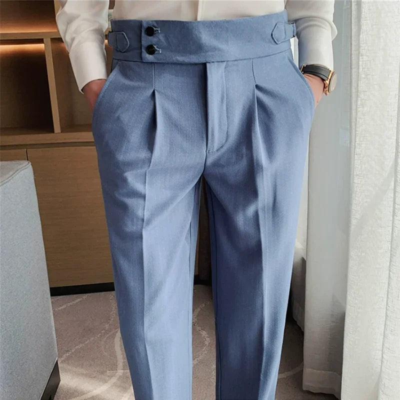 Men's Slim Fit High-Waist, Beltless Trousers- British Fall Style