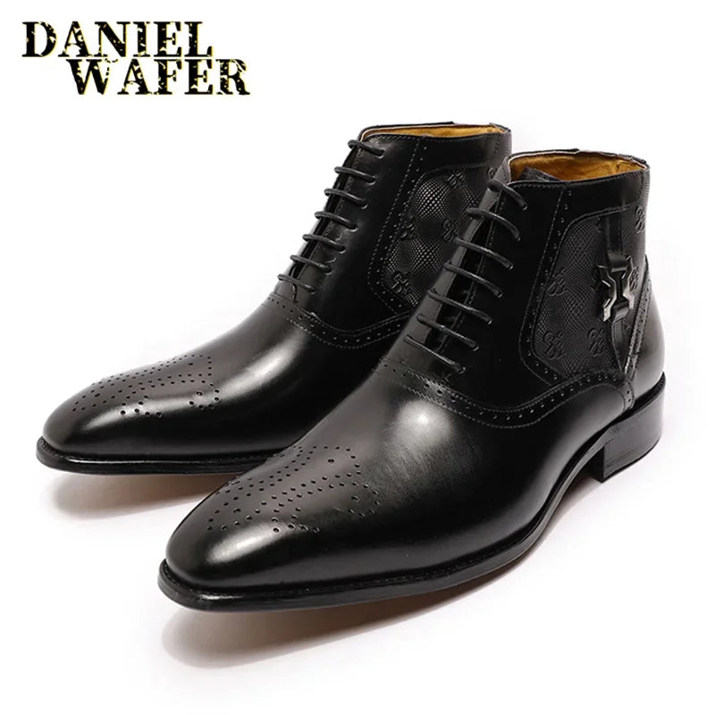 Men's genuine leather ankle boots stylish lace-up shoes for office basic men's shoes